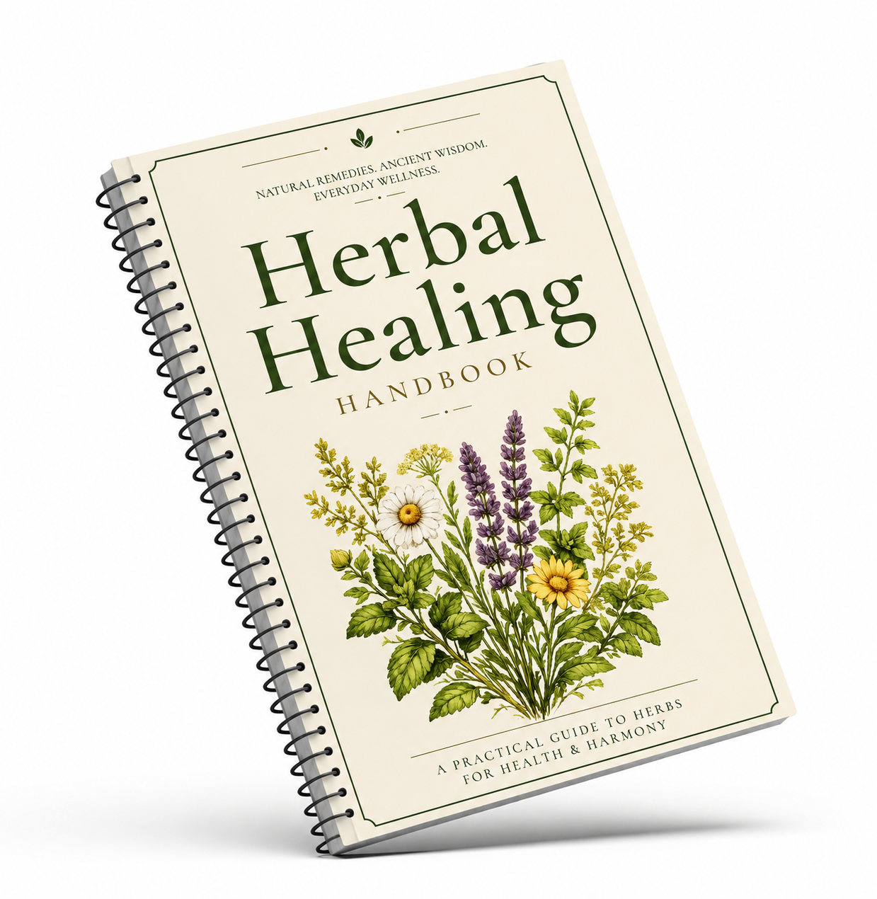 A spiral-bound book titled 'Herbal Healing Handbook' shown at an angle on a clean white background. The cover is cream-colored with dark green typography and an illustration of various herbs and flowers, including purple lavender, yellow flowers, and green leaves.